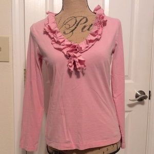 CHAPS Classics ruffled neckline pink 100% cotton v-neck long sleeved top M